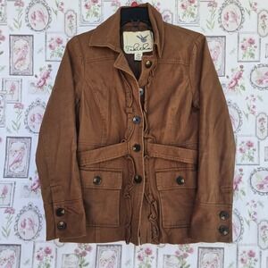 Tabitha Anthropologie Brown Ruffle Utility Jacket Size 4 Cotton Button Front